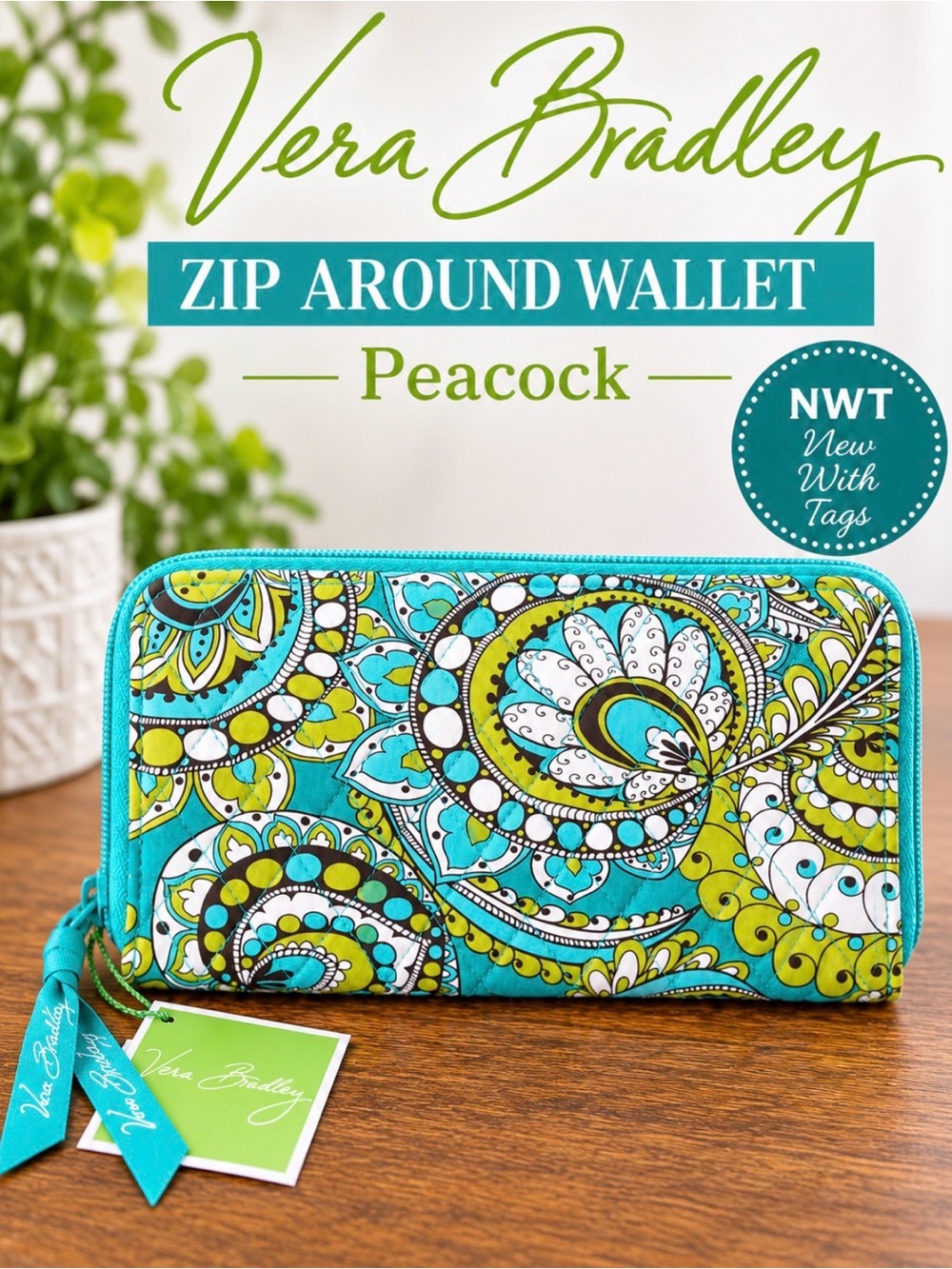 Vera Bradley Peacock Zip Around Wallet NWT Quilted Cotton Travel Organizer